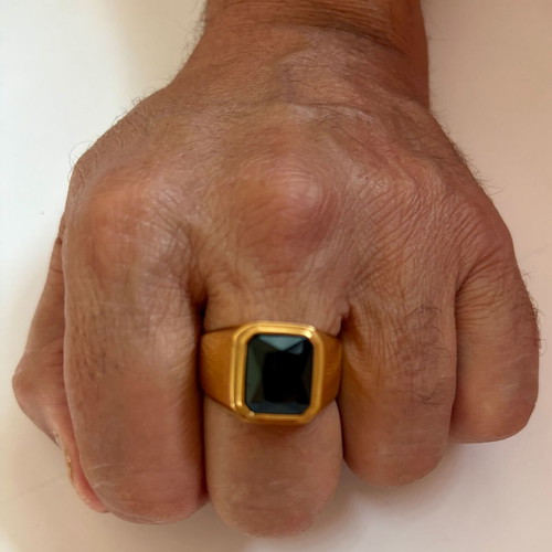 Gold Signet Ring with Black Stone, Brand New, 316L Stainless Steel US 12