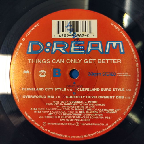 D:REAM Things Can Only Get Better 12'' Vinyl Single used, limited edition 1993