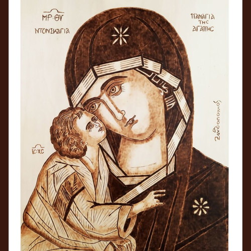 Pyrography painting Panagia Donskaya new on linden wood