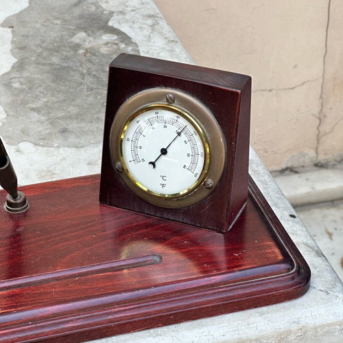 Decorative table clock and thermometer used, wooden base, nautical vintage design
