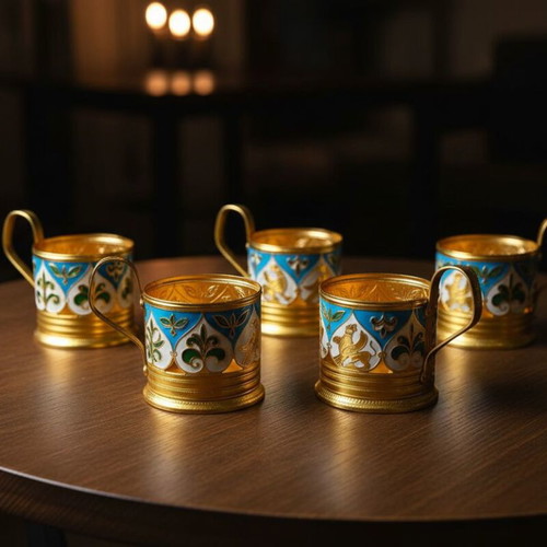 Set of 5 USSR enamelled aluminium podstakanniks, without glasses
