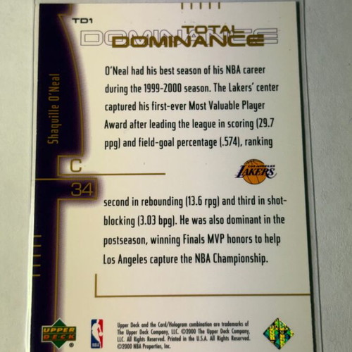 2000-01 Upper Deck Total Dominance Shaquille O'Neal Los Angeles Lakers card used