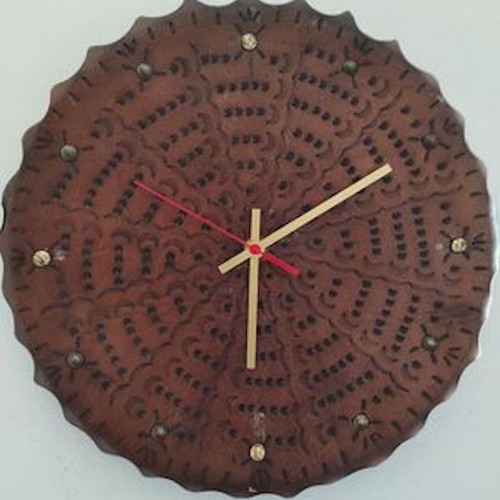 Leather wall clock used, analog, 30 cm diameter