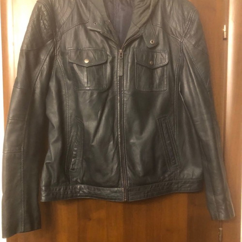 Leather jacket used with fabric hood blue XXL