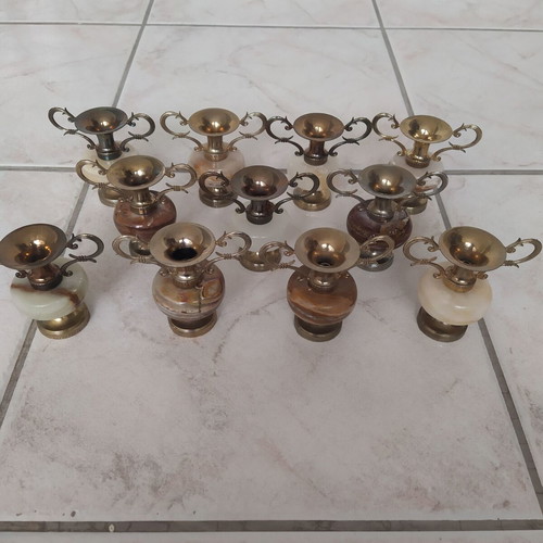 Decorative amphorae made of brass and onyx like new, set of 11 pieces