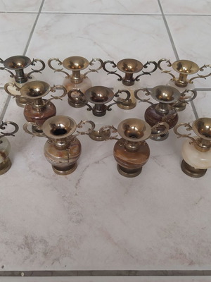 Decorative amphorae made of brass and onyx like new, set of 11 pieces