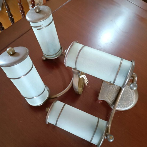 Old wall lights used, glass and bronze, set of two