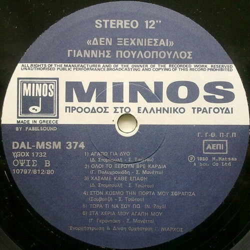 Giannis Poulopoulos Den Xechniesai vinyl record used, laiko