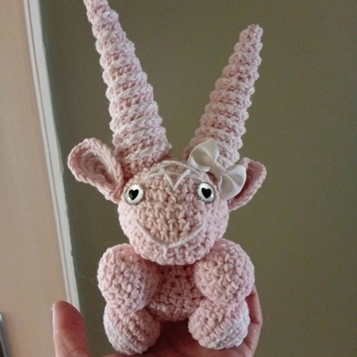 Handmade crocheted Baphomet amigurumi new with pink and iridescent white yarn