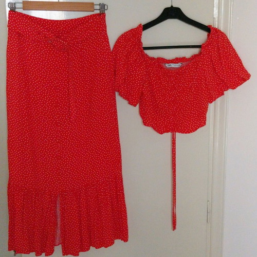 ZARA set skirt XS and crop top S polka dot like new, red and white