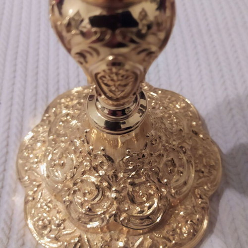 Large gilded chalice like new with enamel and carved decoration