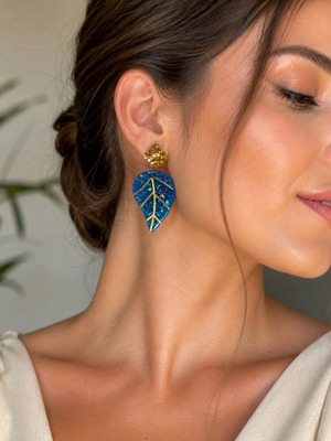 Blue-gold leaf earrings new, handmade resin liquid glass