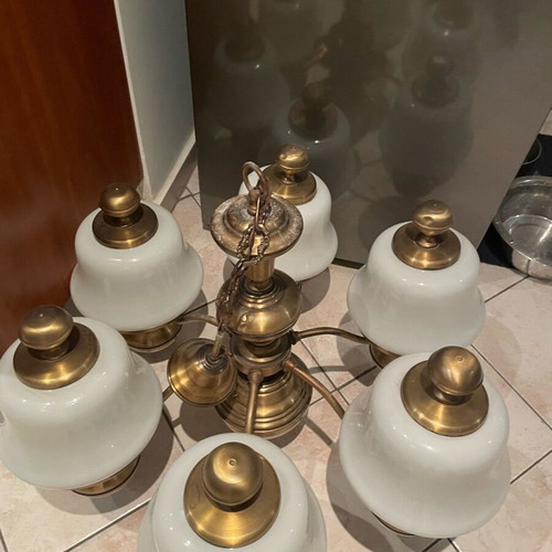 Bronze ceiling light refurbished with six white glass shades