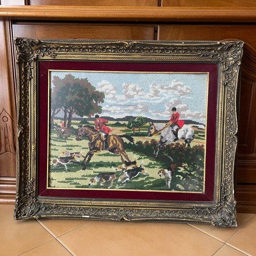 Vintage Gobelin Embroidered Hunting Scene with Baroque Frame 51x62 cm like new