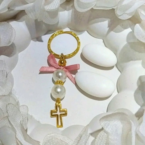 Handmade baptism keychains with white beads and bow