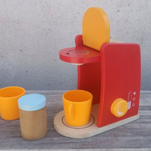 Wooden coffee maker toy used with plastic cups and milk jug