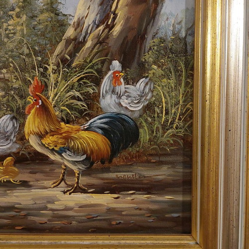 Vintage πίνακας ζωγραφικής υπογεγραμμένος, σαν καινούργιος, σκηνή με κόκορα και κότες