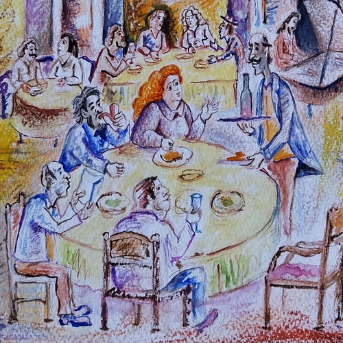 Restaurant Watercolor and Pastel Drawing New