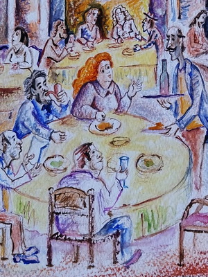 Restaurant Watercolor and Pastel Drawing New