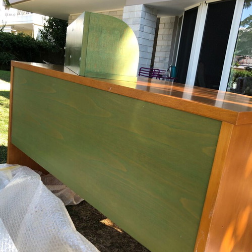 Wooden office room set used, green details, desk and drawer