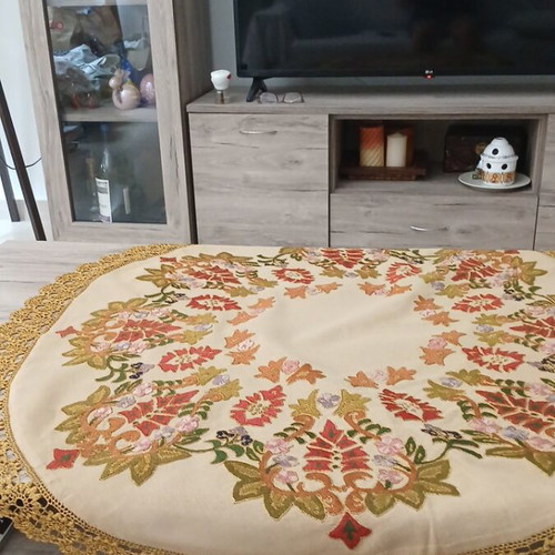 Handmade Vintage Rotonda on Beige Canvas with Embroidered Floral Motifs