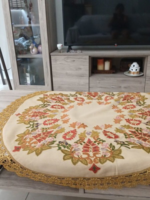 Handmade Vintage Rotonda on Beige Canvas with Embroidered Floral Motifs
