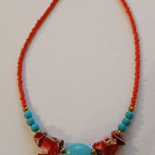 Necklace 773 new, handmade, orange and turquoise