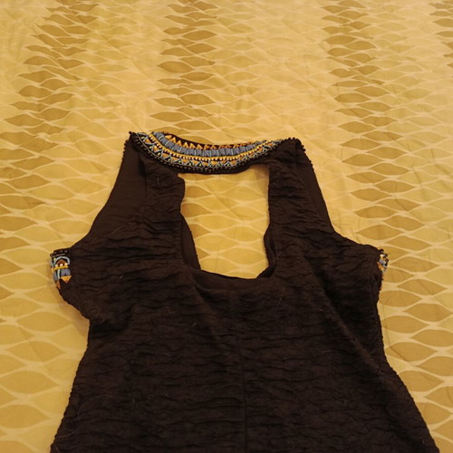 Women's dress black elastic with blue gold beads like new, size L