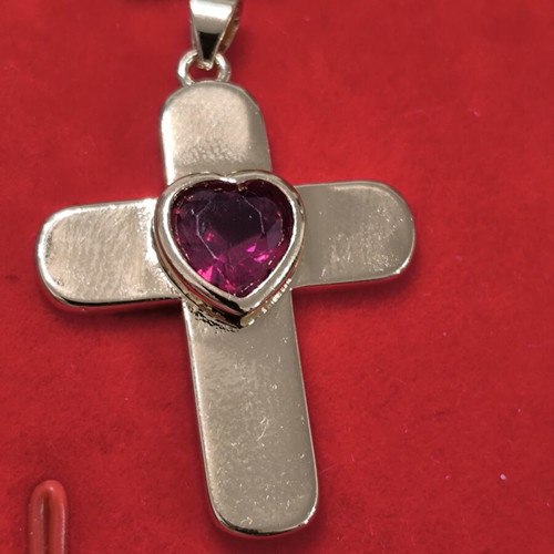 Gold-colored cross pendant with red heart stone, stainless steel, new