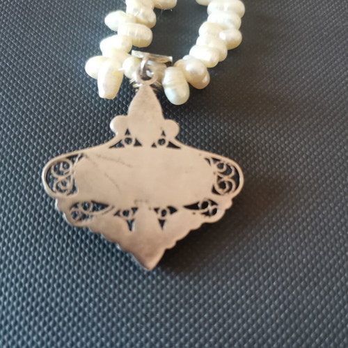 Vintage Byzantine Necklace with Pearls and Silver-Gold Pendant
