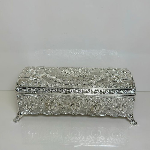 Metallic Ornate Jewelry Box with Oriental Embossed Design and Velvet Lining
