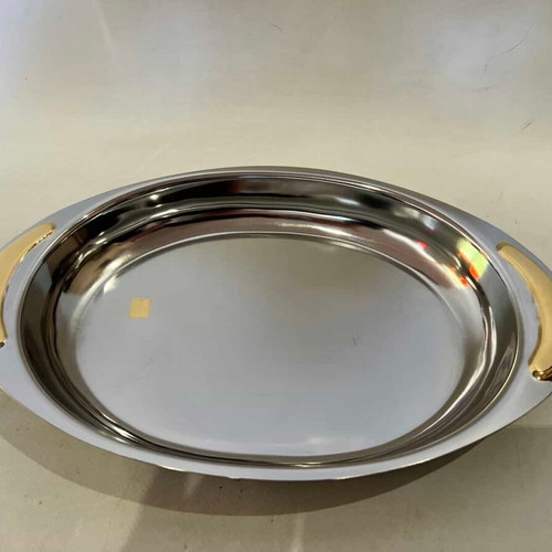 Vintage serving tray used, stainless steel with 24K gold details