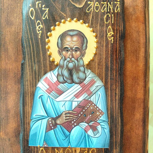 Saint Athanasios on solid fir wood new 24×15 cm