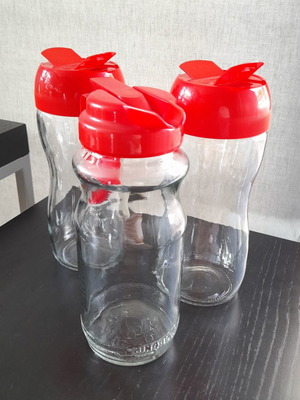 Glass red jug and containers used, set of 3 pieces CANDEREL