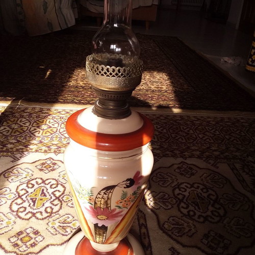Opaline oil lamp used, 1930s vintage, good condition