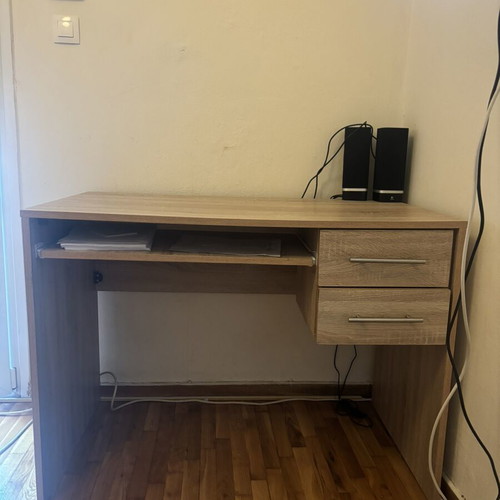 Wooden desk with sliding shelf and 2 drawers, like new