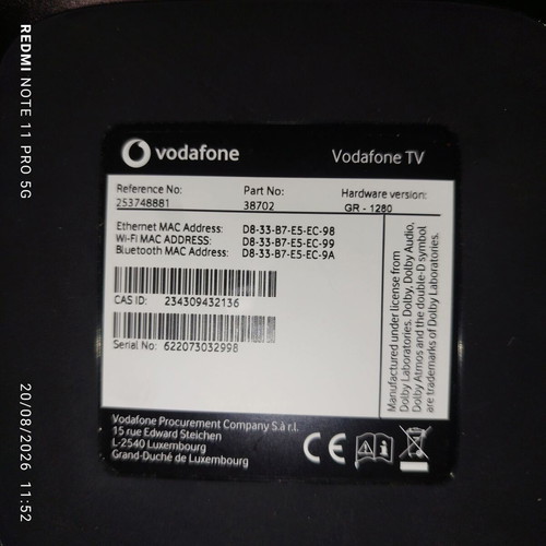 Vodafone TV Box GR-1280 with remote and power supply