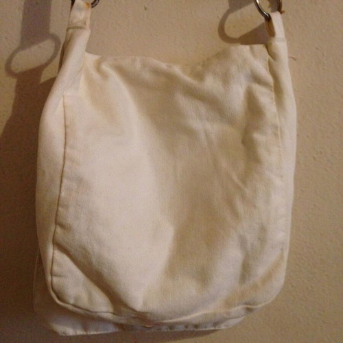 Fabric crossbody bag vintage used with embroidery white and beige