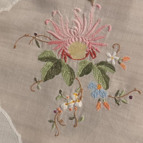 Vintage 1980s embroidered tablecloth used, fabric for upcycling