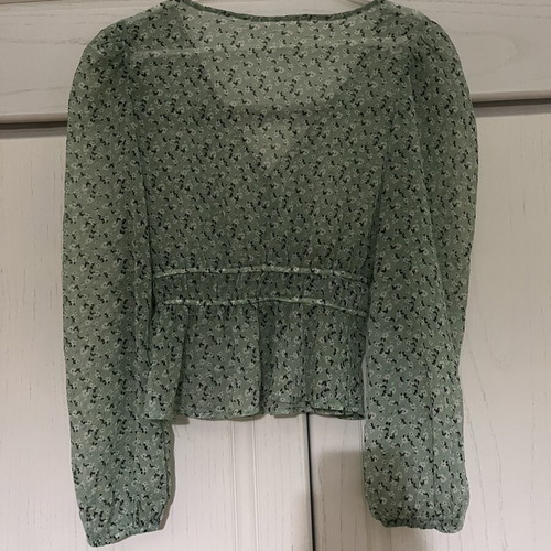Transparent olive floral blouse with waist tie, size M