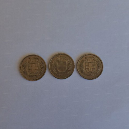 Set of 3 Swiss 5 Franc coins 1968, 1980, 1981 (Classic Swiss Shepherd)