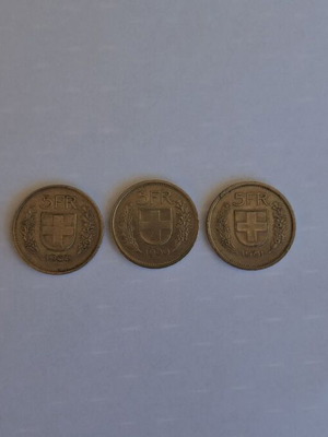 Set of 3 Swiss 5 Franc coins 1968, 1980, 1981 (Classic Swiss Shepherd)