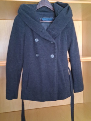 Zara Basic women's coat with hood and belt, like new, charcoal, M