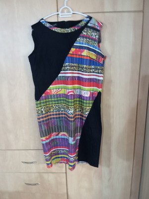 Fioretti women's dress knee-length with colorful print and black satin cotton fabric like new size XL