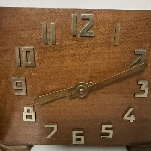 Vintage wooden mechanical table clock used, Art Deco design