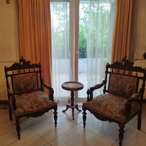 Antique living room set used, carved dark wood sofa and 2 armchairs