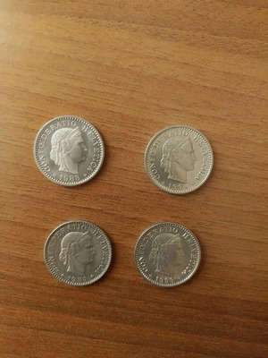 Swiss coins used, set of 4, 1954-1999