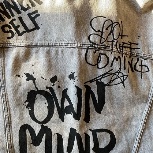 Bershka Denim Jacket size M new, grey washed with graffiti details