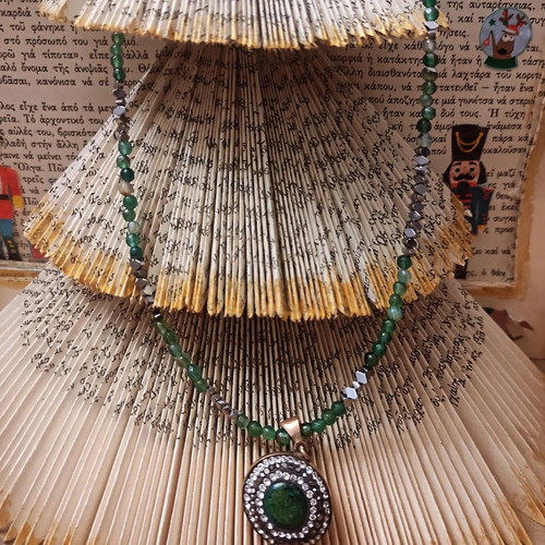 Necklace used vintage 925 silver with green semi-precious stones