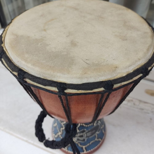 Djembe drum used, traditional carved wood, 30cm height